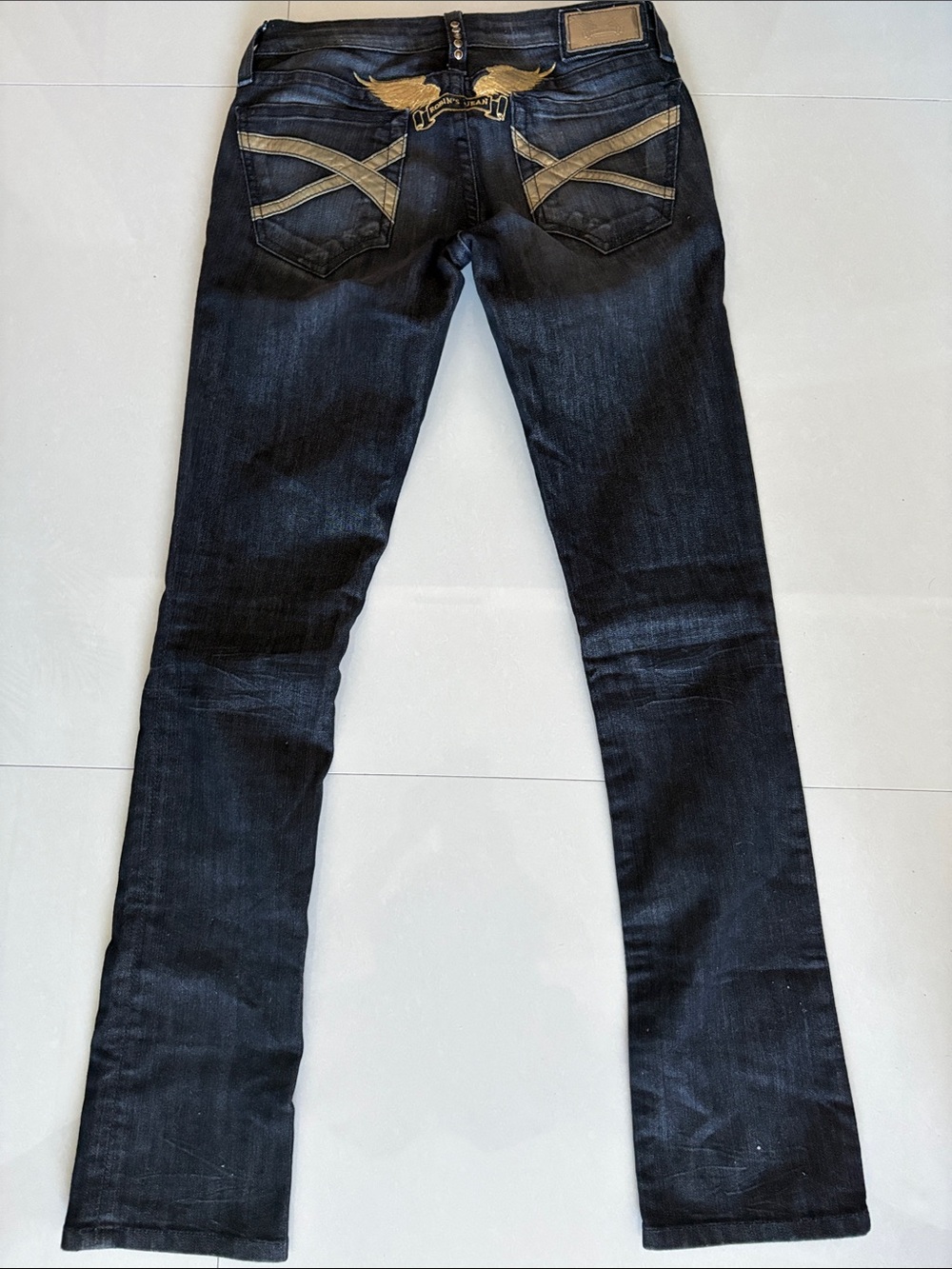 Robin's Jean Dark Wash Straight Leg Jeans with Gold Wing Embroidery